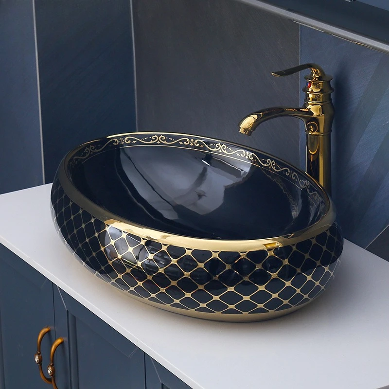 Sanitary ware black gold-plated oval countertop basin ceramic wash basin