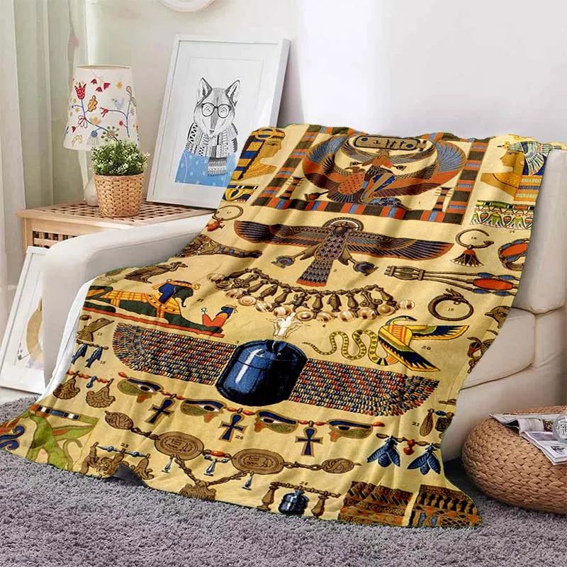 3D Egyptian Mythology Pharaoh Hieroglyphs Soft Thin Blanket, Flannel Lunch Break Throw Blanket Travel Bedroom Sofa Picnic