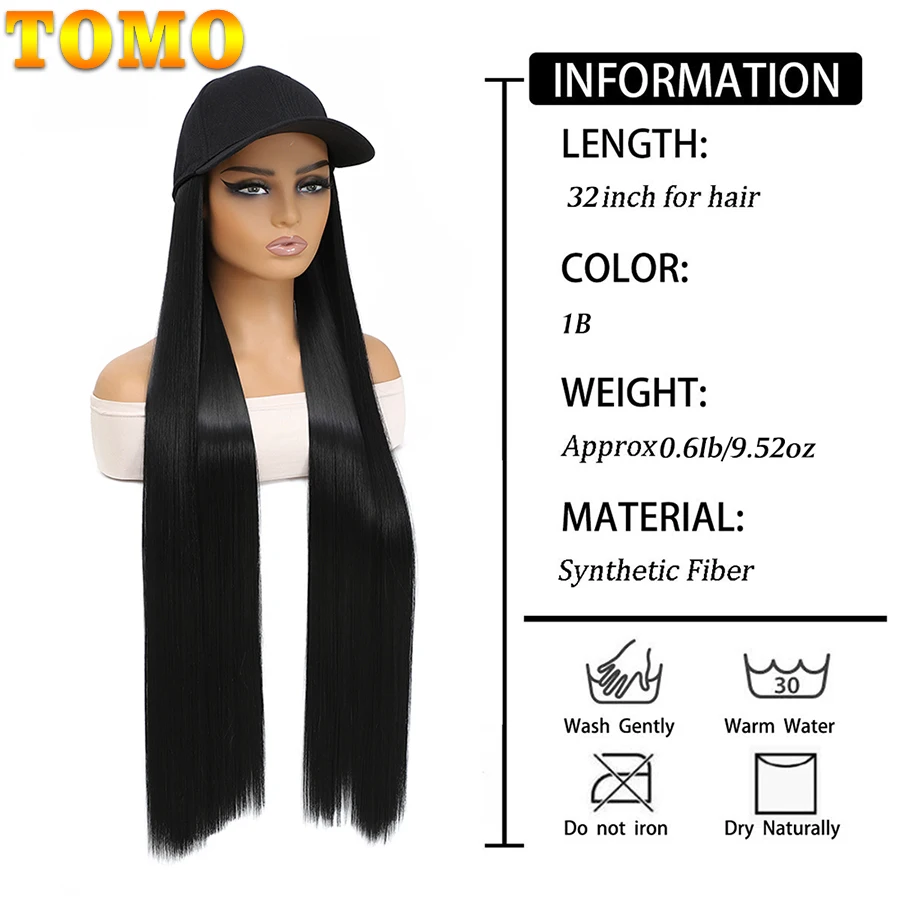 TOMO-Casquette de Baseball avec Extensions de Cheveux pour Femme, Postiche Synthétique, 32 en effet, Réglable, Longue et Droite, Perruques de Remplacement au Chapeau