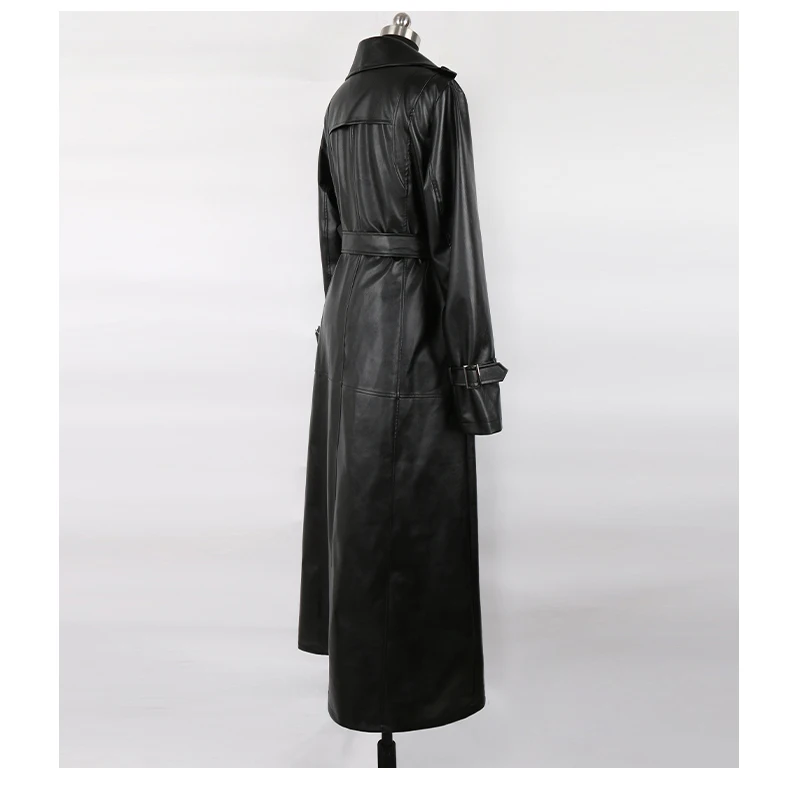 Mauroicardi Spring Autumn Waterproof Black Soft Pu Leather Trench Coat for Women Belt Double Breasted Floor Length Overcoat 2025