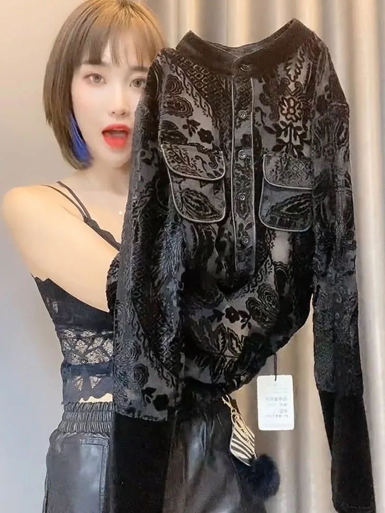 

Женская свободная блузка из золотистого вельвета с кружевом, в стиле ретро, с дизайном «горящих цветов», осенняя новинка