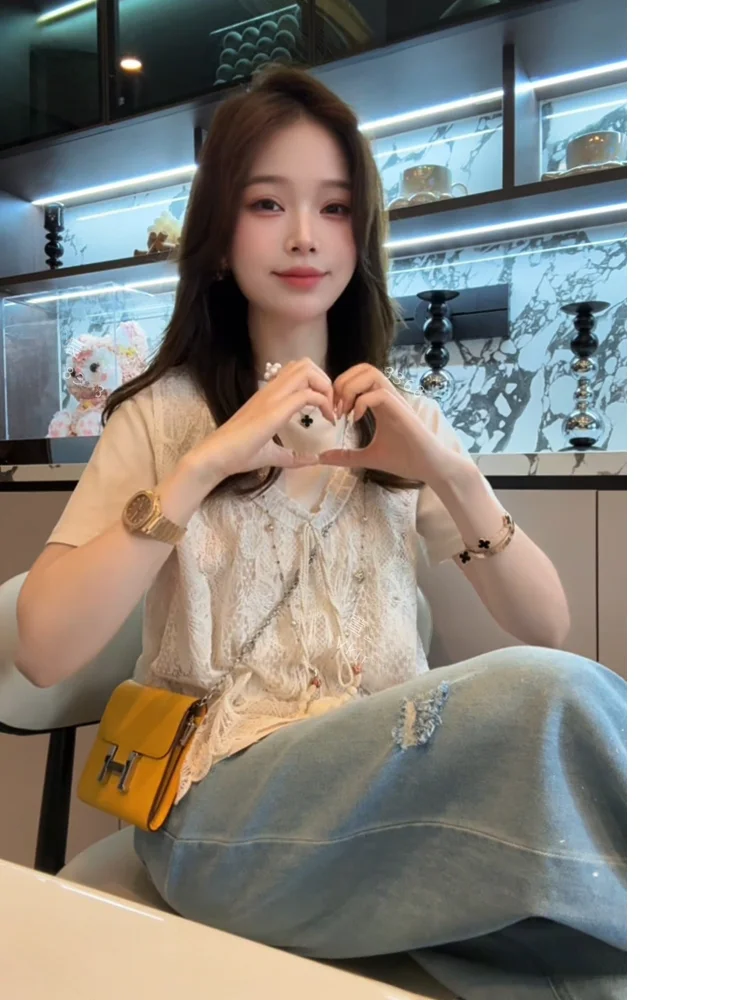 

Комплект из двух предметов XuanXuanChen Sweet Heart Nine Sister: красивая кружевная футболка с коротким рукавом и шорты, женский повседневный стиль, весна-лето