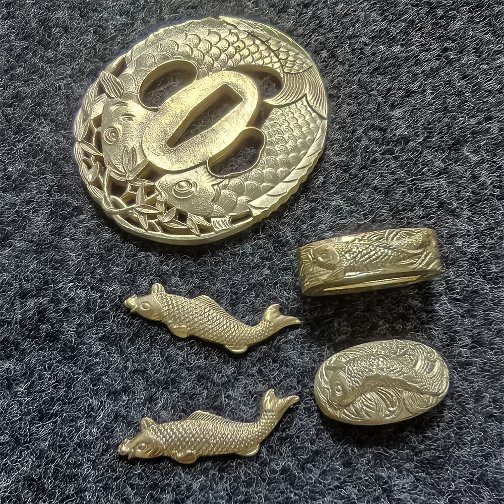 Copper Brass A Set Fish Tsuba Fuchi Kashira Menuki Fittings For Japanese Samurai Katana Wakizashi Sword Accessory - view 5