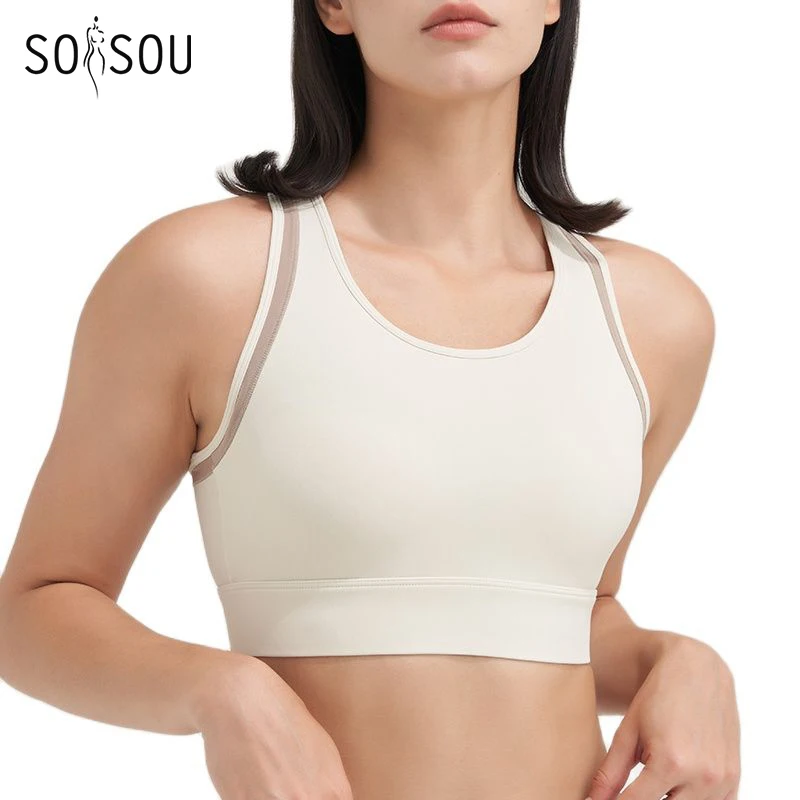 SOISOU Nylon Top Women Bra Gym Yoga Crop Tops Women Tight Elastic Breathable Fixed Chest Pad Sports Bra Tops Bicolor 6 Colors