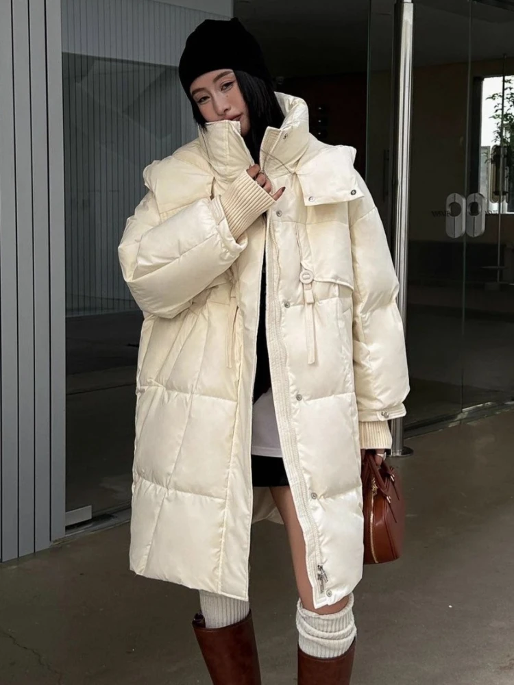 2025 Winter New Long Windproof Down Jacket Women Loose Korean Style Loose Over-The-Knee Parkas Hooded Warm Thickened Coat Lady