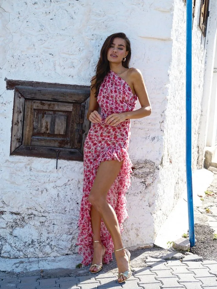 花柄の女性のミディドレスファッション傾斜肩包帯フリル分割 Vestidos 女性の休暇ストリートボディコン