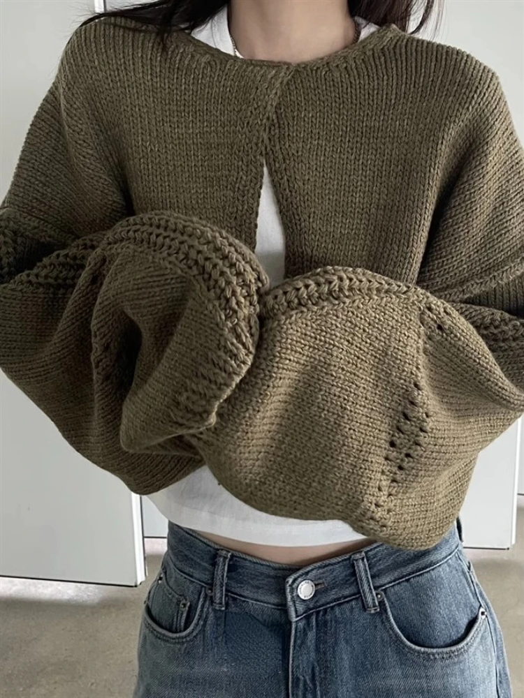 Autumn Solid Split Casual Crop Pullovers Women Hollow Out Harajuku Jumper Loose Knitted Y2k Aesthetic Grunge Streetwear Sweaters