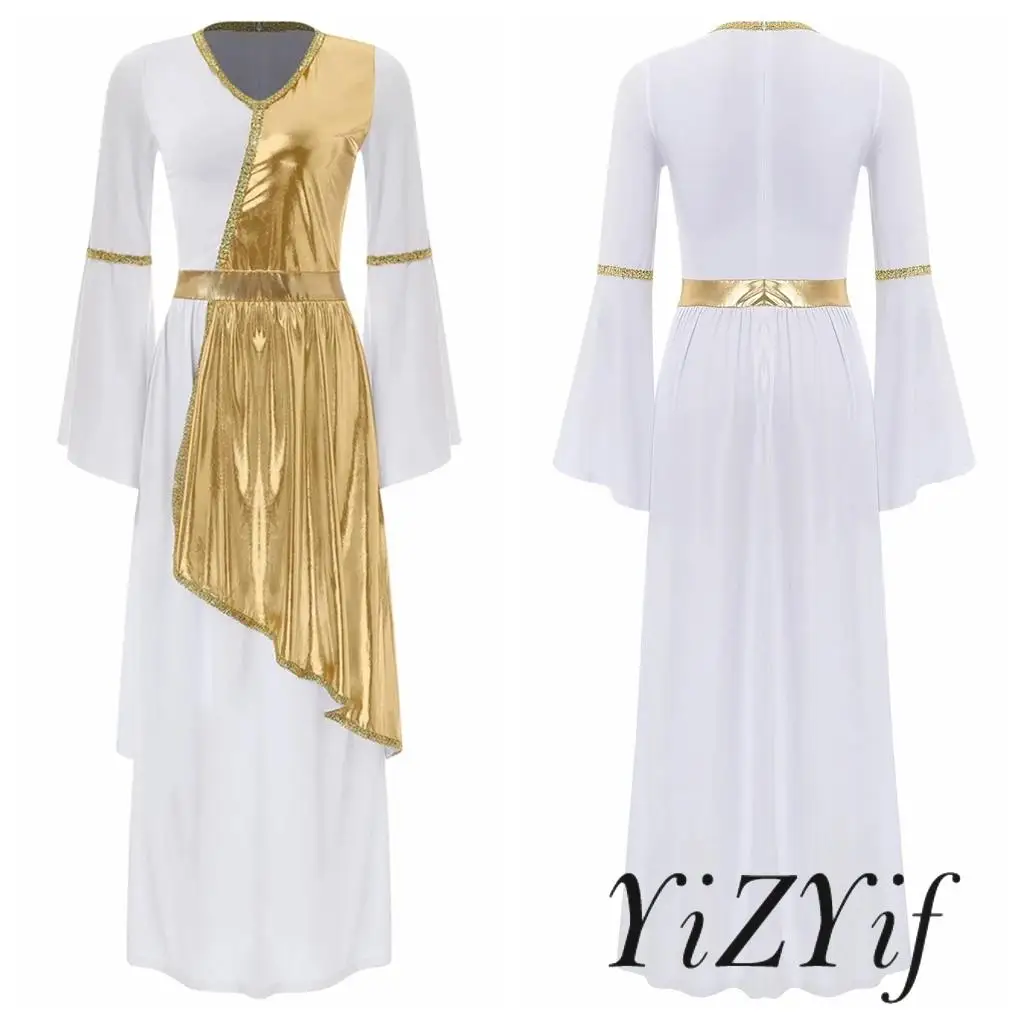 Women Roman Greek Beauty Toga Dress Halloween Carnival Dress-up Theme Party Costume Overlay Gold Trim Choir Worship Long Robe