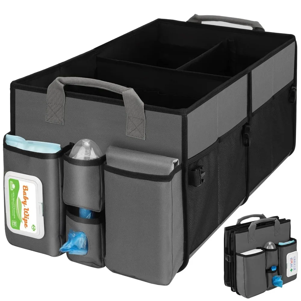 

Foldable Backseat Storage Bin with Adjustable Dividers Waterproof Travel Caddy for Diapers and Groceries