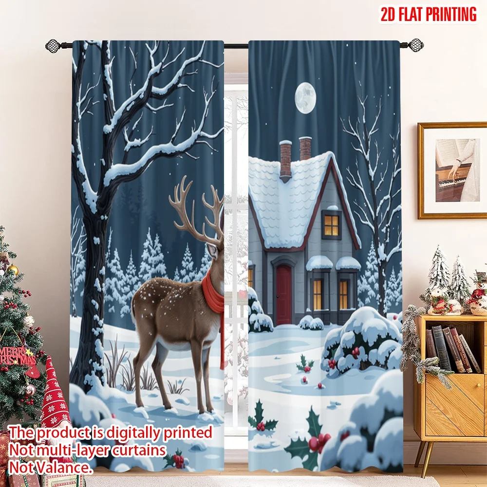 

2pcs 2D flat printing Christmas Curtain Winter Deer House Snow Polyester Without Electricity Festive Wall Decor Perfect for Home