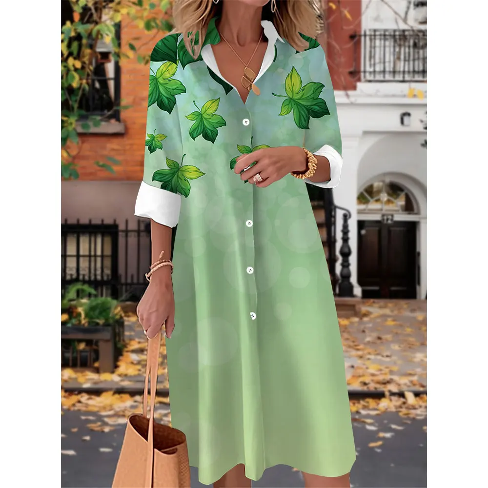 Fashion Maxi Dresses Vestidos 3D Clover Printed Summer Shirt Dress Women Button Long Dress Boho Beach Casual Party Pocket Dress