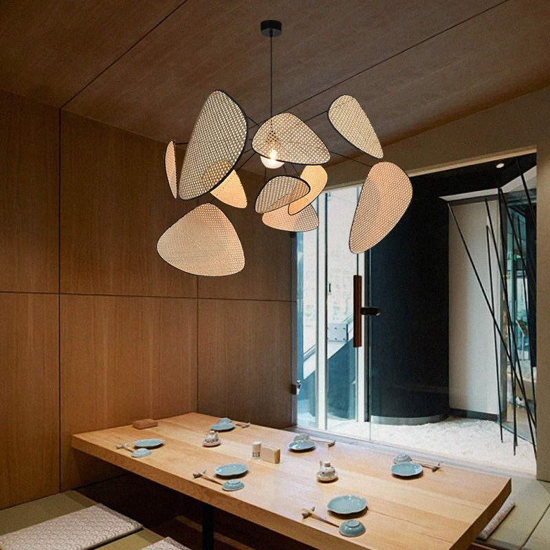 Japanese Tea House Pendant Lights Rattan Weaving Petals Wicker Hanging Lamp For Parlor Dining Room Bedroom E27 Bulb
