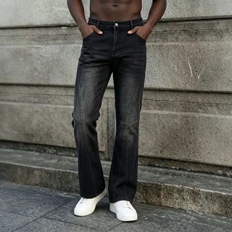 Retro Elastic Straight Leg Spliced Jeans for Men's Summer New Trendy Brand