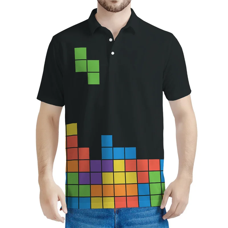 2026 Summer Promotion Colorful Game Block Puzzle Pattern Polo Shirt Men's Street Collar Short Sleeve Top