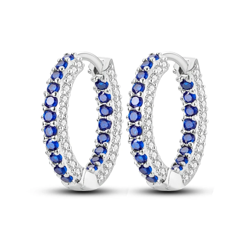 Ohrringe aus 925er-Sterlingsilber für Damen, funkelnder blauer Zirkonium, dreifach gepflasterter Creolen für Jahrestag, Hochzeit, Schmuck, Geschenke