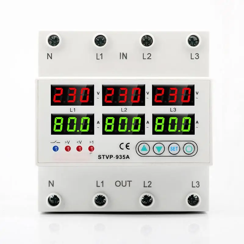 STVP-935A Relay Protector 3 Phase 40A/63A/80A/100A Din Rail Adjustable Over Voltage and Under Voltage Current Limit Protection
