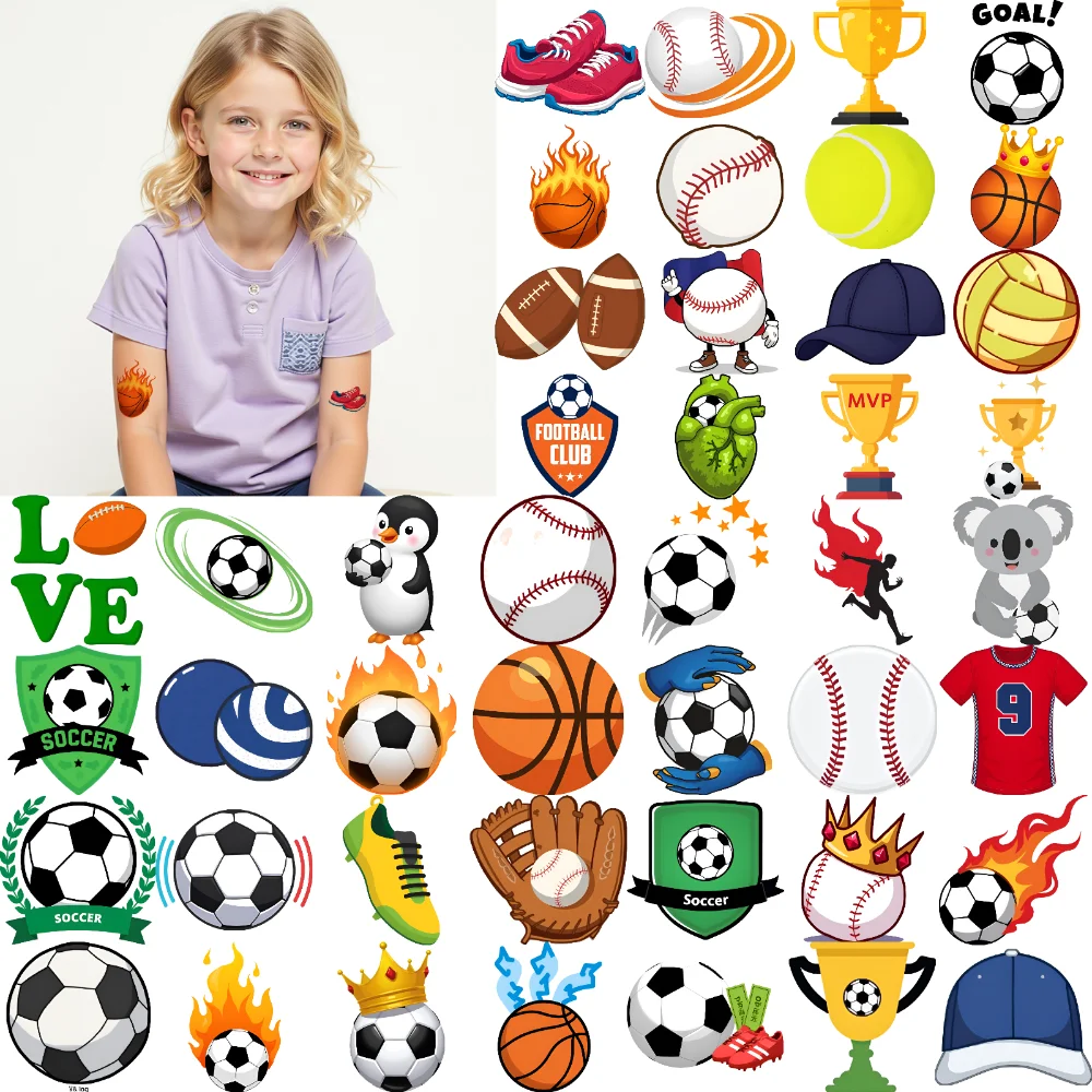

63pcs Temporary Tattoo Cartoon Crown On Ball Baseball Burning Soccer Ball For Cheeks Men Girls