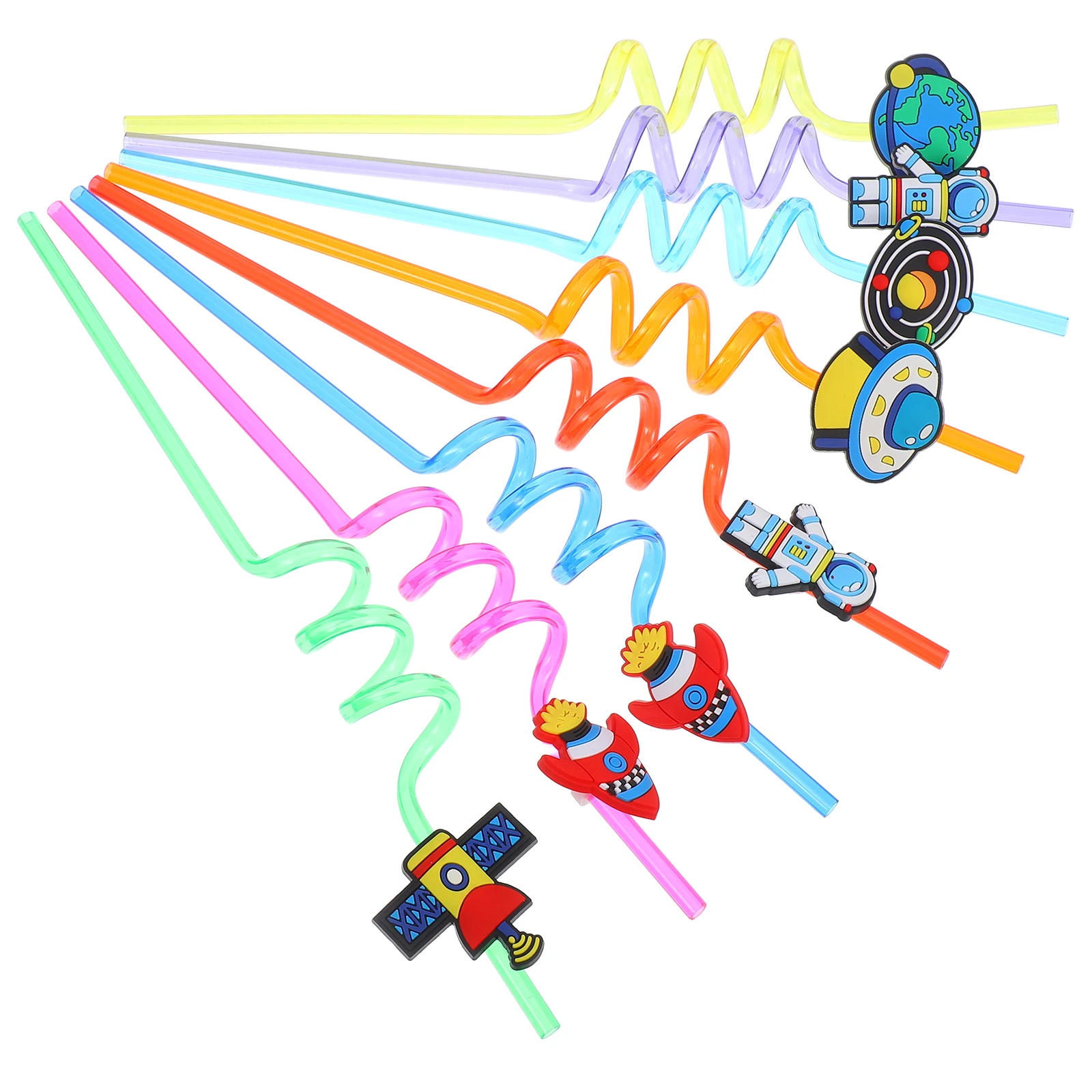 

16pcs Space Decorations Fun Straws Kids Birthday Party Favors Silica Gel Curly Colorful Flexible Decorative Outer Theme