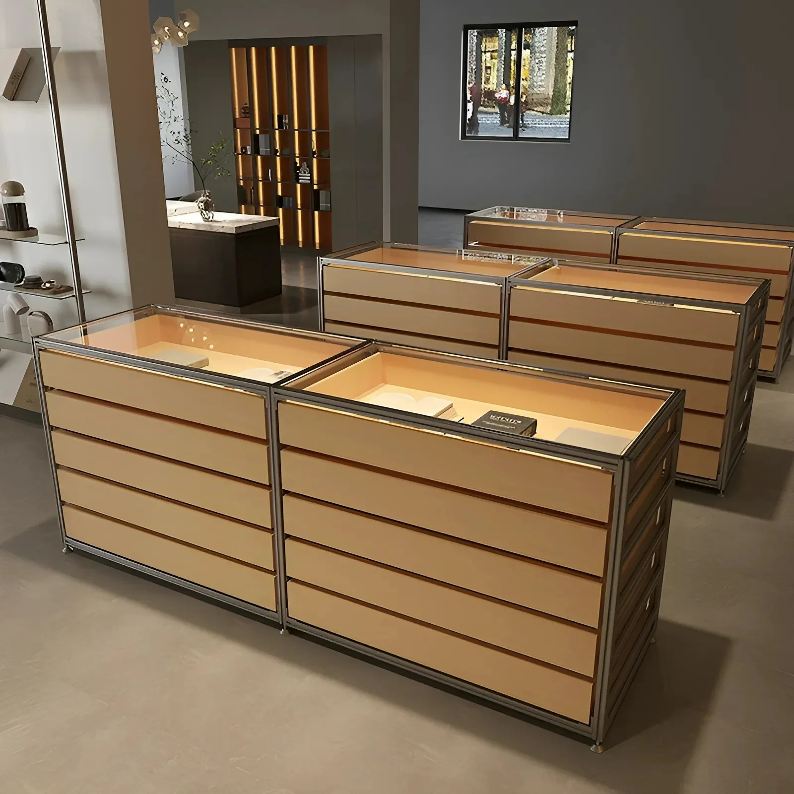Aluminum Profile Birch Ocean Panel Display Cabinet Multi-layer Storage Locker Commercial Store Display Cabinet Display Shelf