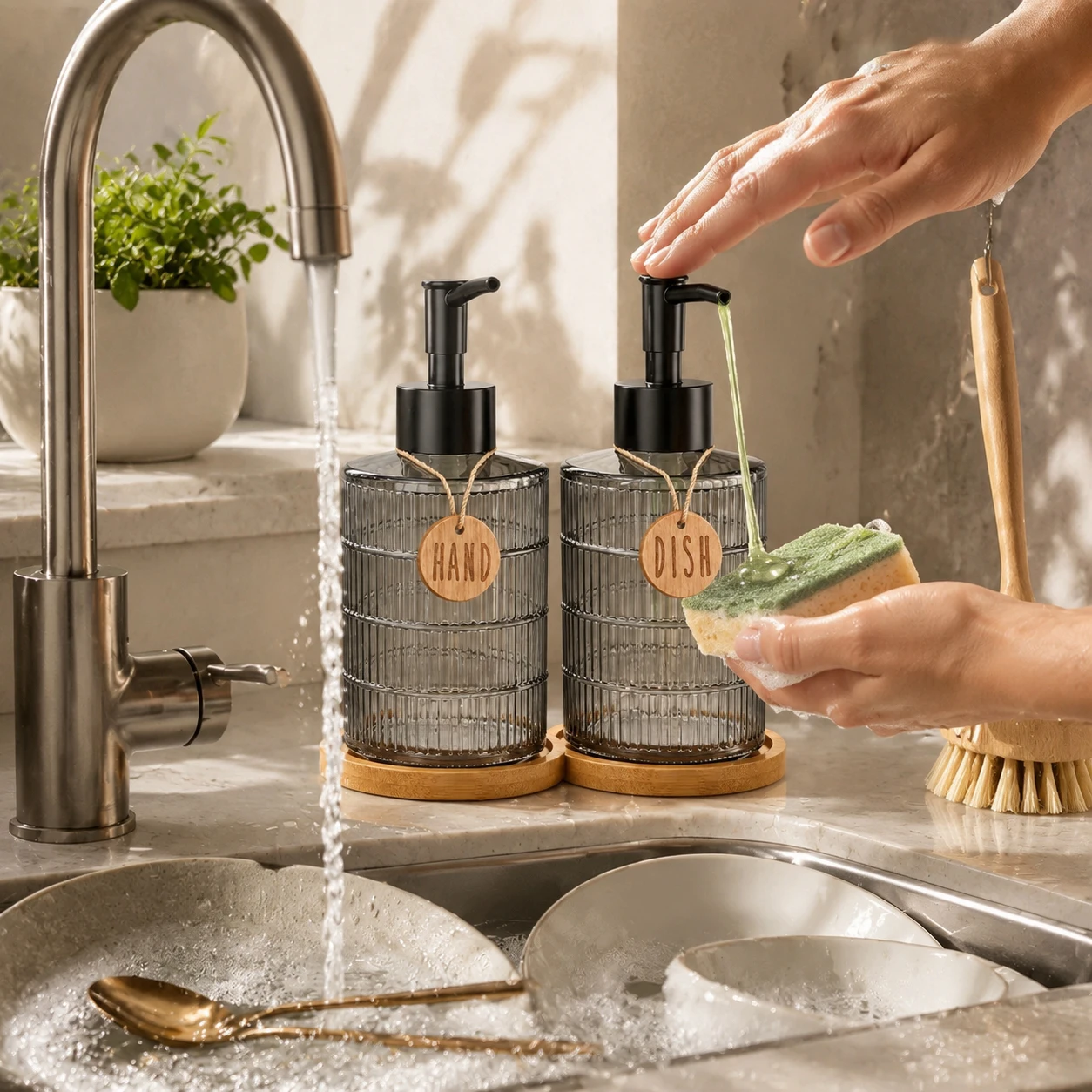 Glass Soap Dispenser Set with Tray, Refillable Hand Soap & Dish Soap Dispenser for Kitchen Sink for Farmhouse Kitchen Decor Gift