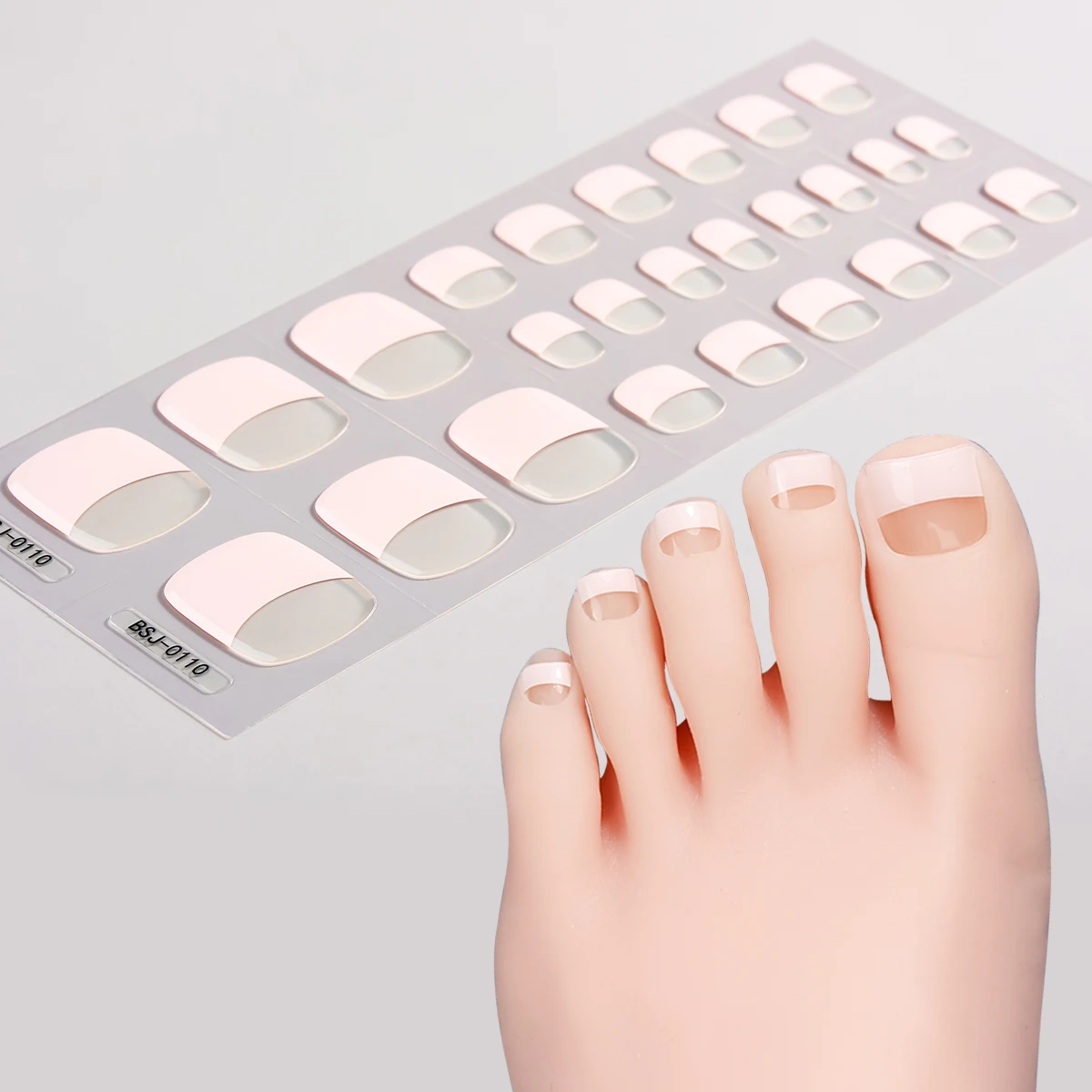 26Tips Pink French Semi Cured Gel Toenail Sticker Gradient Full Cover Gel Toenail Wraps Self-Adhesive Foot Nail Art Decoration