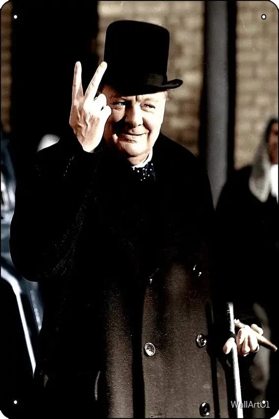 Winston Churchill VE Day V Sign Poster/Sticker Poster Metal Tin Sign Fun Home Art Wall Decor 8x12 Inch