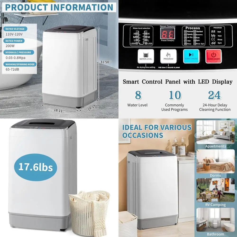 

Портативная стиральная машина с верхней загрузкой, 17,6 фунтов, с дренажным насосом, 10 программ стирки, 8 уровней воды, стиральная машина-сушилка 2-в-1, идеально подходит для квартир