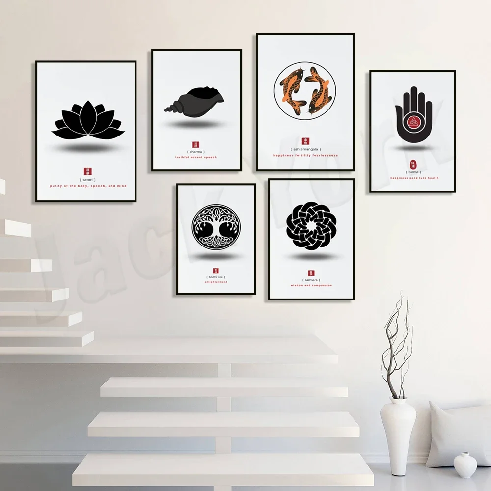 Zen symbols, Japanese poster, endless knot, bodhi tree, hamburger hands, yoga, aesthetic buddhist art, lotus flower, conch shell