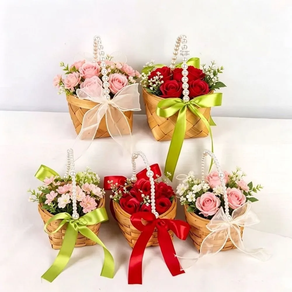 with Pearl Hand-held Imitation Rattan Handhold Handwoven with Riddon Bow Braid Storage Baskets Household 7 Styles