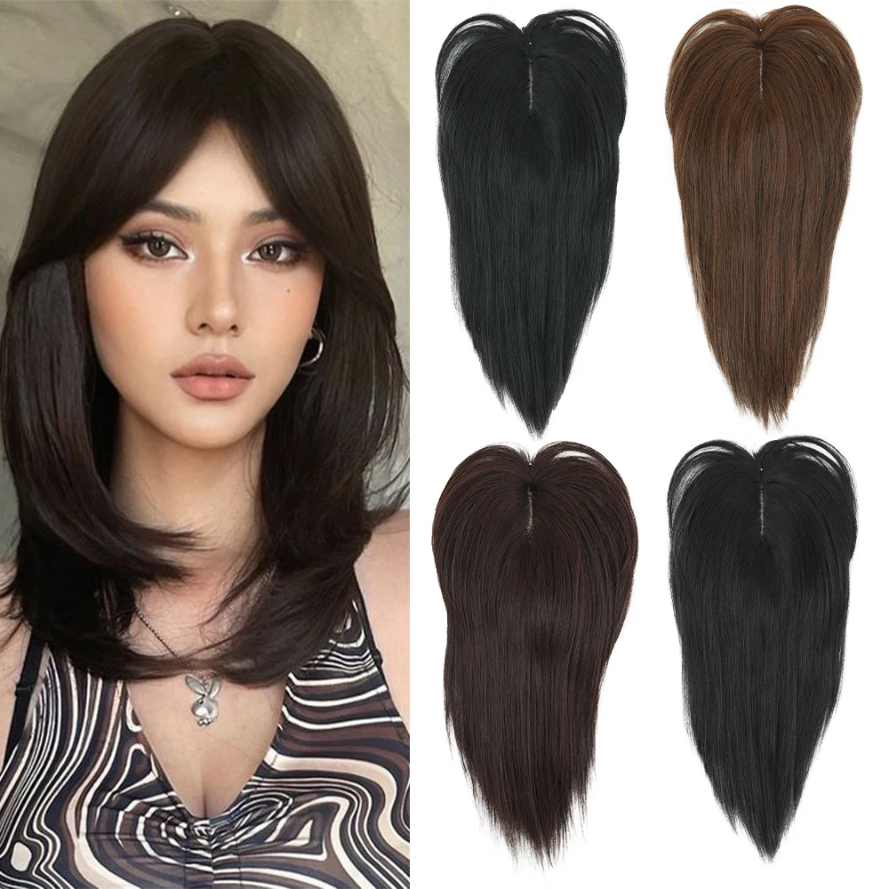 Long Straight Hair Toppers Clip Hair Extensions Synthetic Hair Topper Natural Black Brown 3-Clip with Bangs Fake Hairpiere