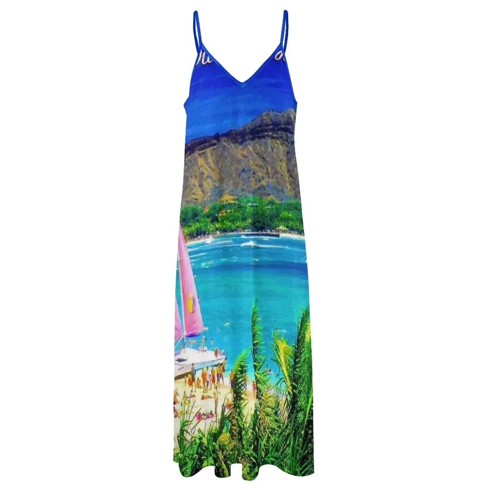 Waikiki Hawaii: Vintage Diamant kopf Resort Reise werbung drucken ärmelloses Kleid Kleid für Frauen