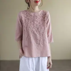 2024 Cotton and Linen T-shirt Vintage Summer Pure Cotton Embroidered 3/4 Sleeve T-shirt Lsdy Loose Round Neck Comfortable Tops