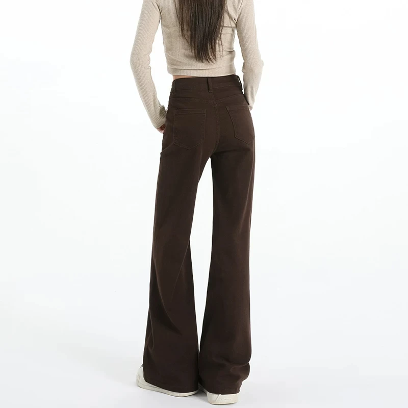 American Casual Brown Denim Pants Women's High Waist Zipper Style Cotton Stretch Jeans Fall Wear New Style Wide Leg Flared
