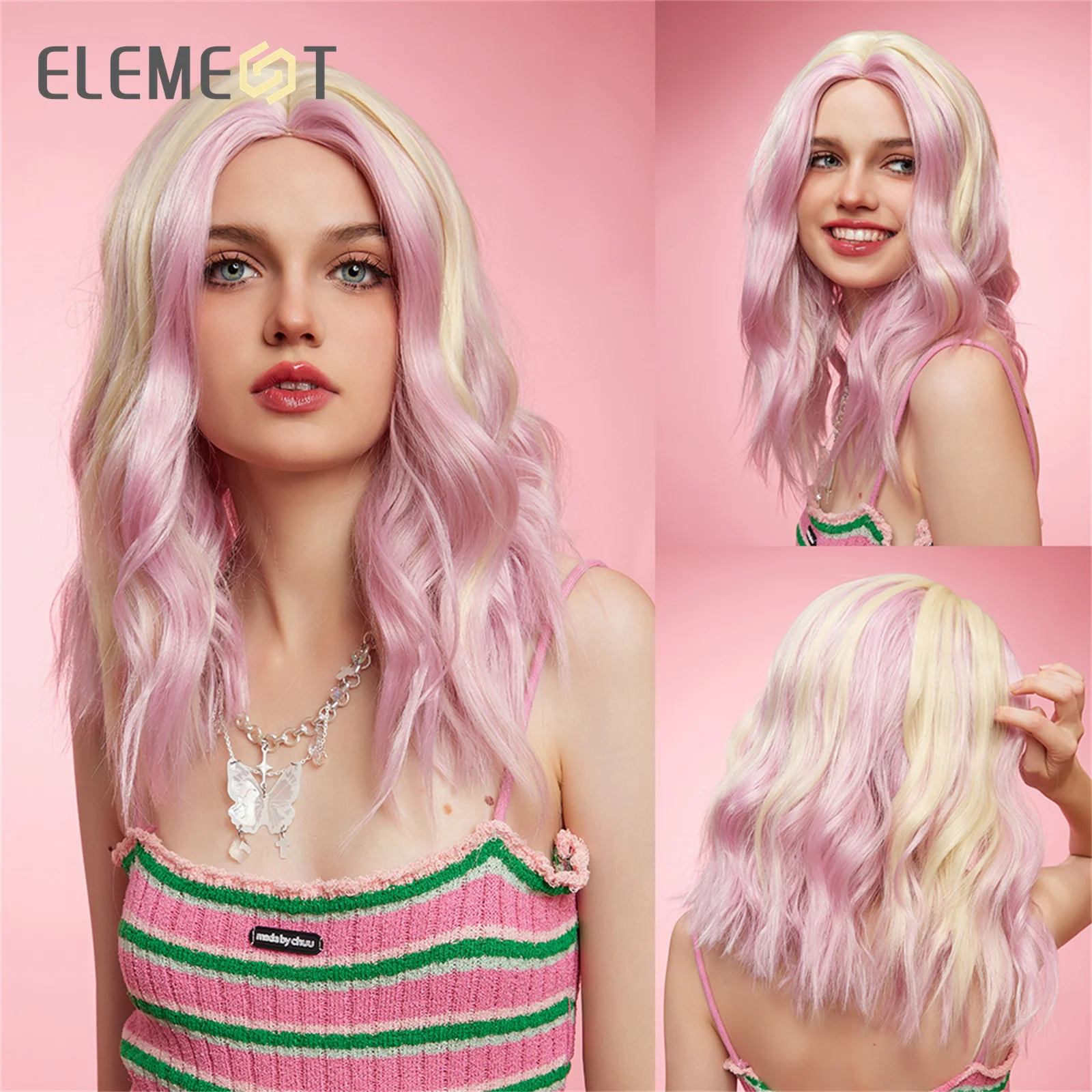 

ELEMENT Classic Synthetic Medium Wavy Curly Blonde Mixed Pink Middle Bob Wigs for Women Ladies Heat Resistant Party Daily Use