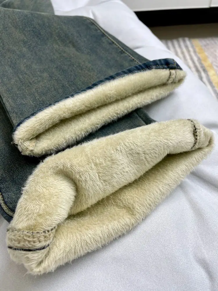 دافئ صوف مبطن خمر الجينز الأزرق النساء الشتاء عالية الخصر سليم صالح Bootcut السراويل بسيطة الخريف الدافئة مريحة الدنيم #5