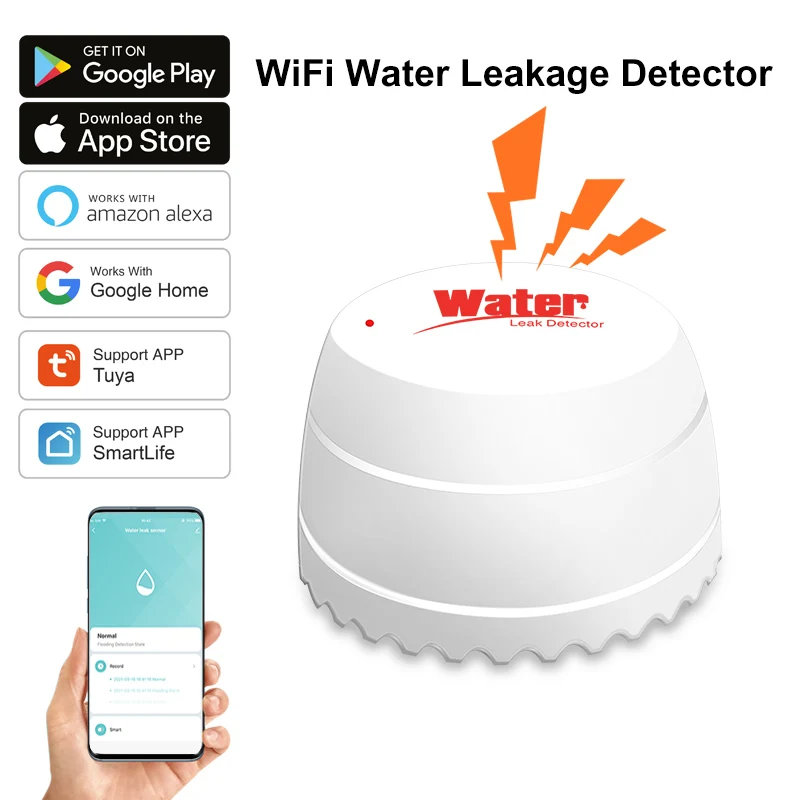 Tuya Smart WiFi Water Leak Detector Wireless Flood Alarm Sensor with Real-Time App Alerts Compatible Alexa/Google Home