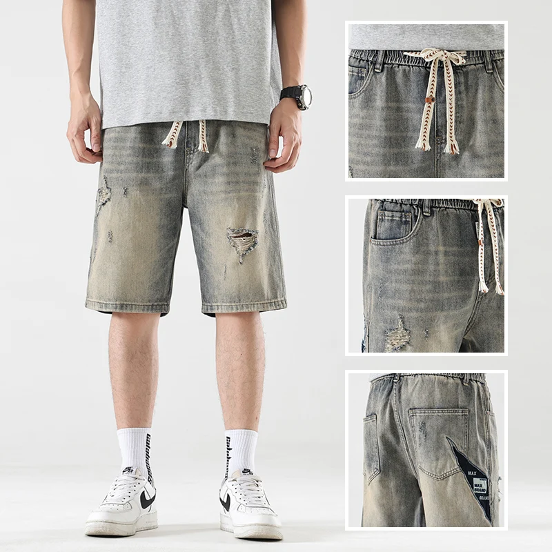 

American style jeans for men washed and vintage versatile pants summer high street loose straight shorts men jeans streetwear