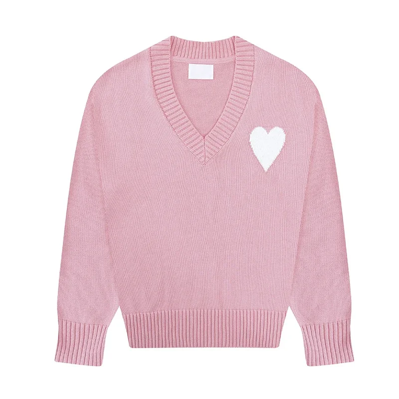 Fashion Women\'s Casual Knit Sweater 2024 Autumn/winter with V-neck Sweater Oversized Ladies Pink Sweater Couple Loose Fresh Top