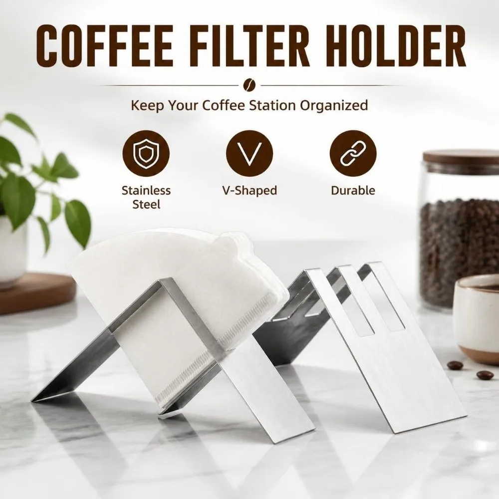 Stainless Steel Coffee Filter Holder V-Shaped Single/Double Slot Filter Paper Storage Rack Fan-Shaped Durable