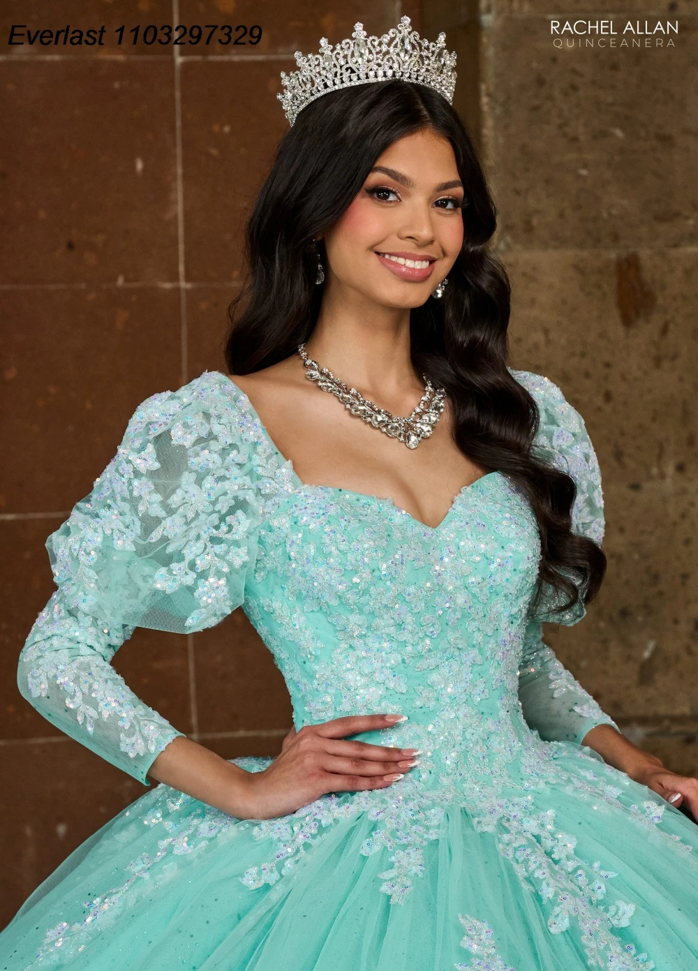 EVLAST Mint Quinceanera Dress Ball Gown Lace Applique Beading Crystal Puffy Sleeve Tiered Sweet 16 Vestido De 15 Anos TQD442