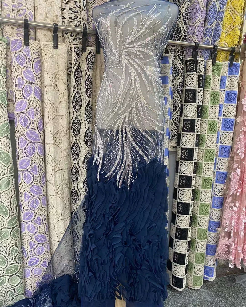 Brangdy African French Tulle Embroidery Beaded Lace Fabric, Nigerian Sequins, Wedding Party Dress, Elegant, 2024 image 4