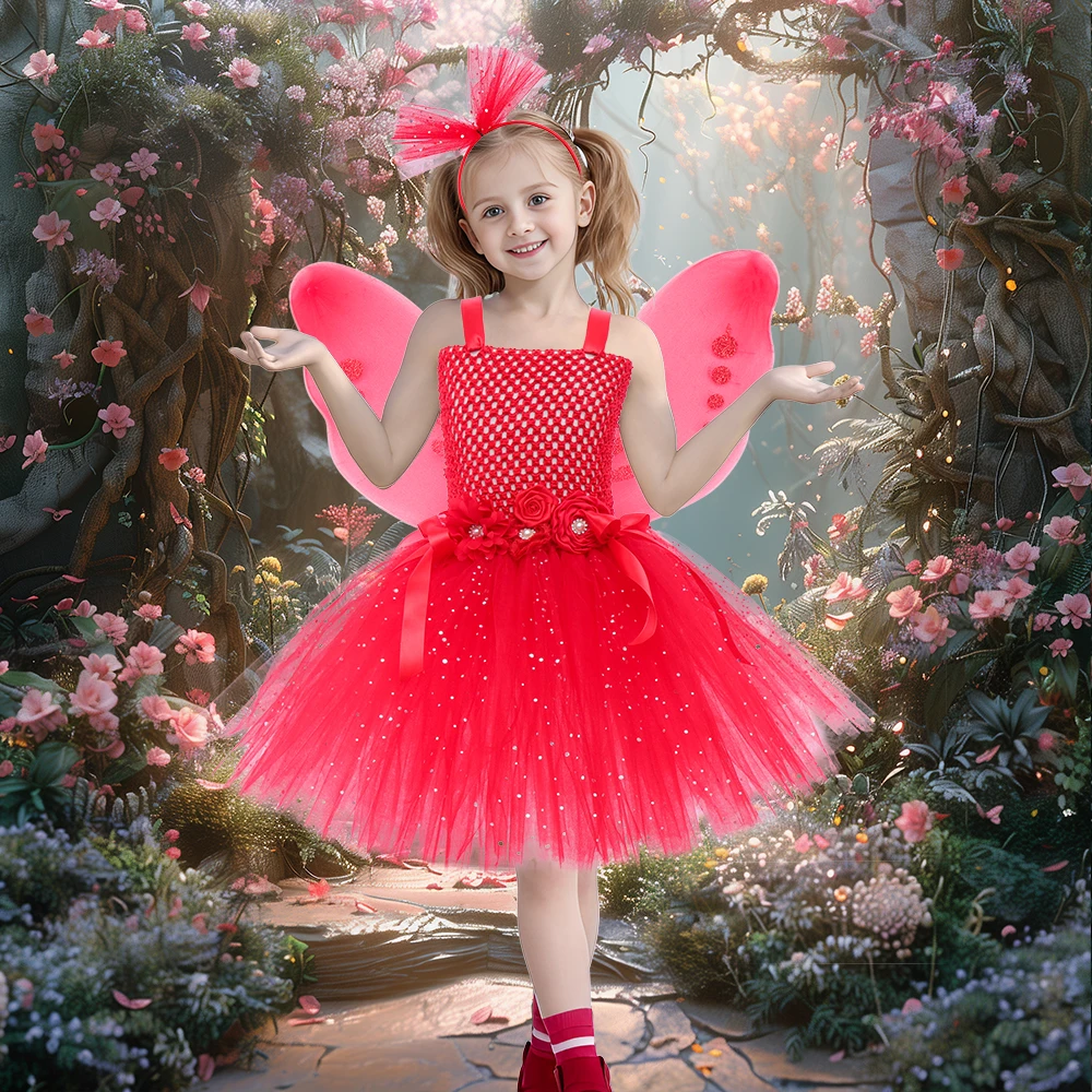 

Butterfly Fairy Girls Sparkly Red Tutu Dress Junior Bridesmaid Wedding Dresses Baby Girls Birthday Outfit Kids Party Dresses