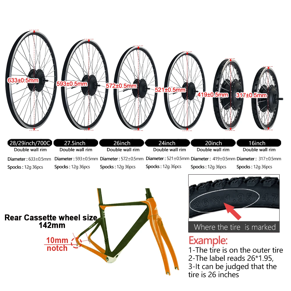 Electric Bicycle Conversion Kit, Rear Cassette, Wheel Hub Motor, 250W, 350W, 500W, 36V, 48V, 16 \'\', 29 \'\', 700C