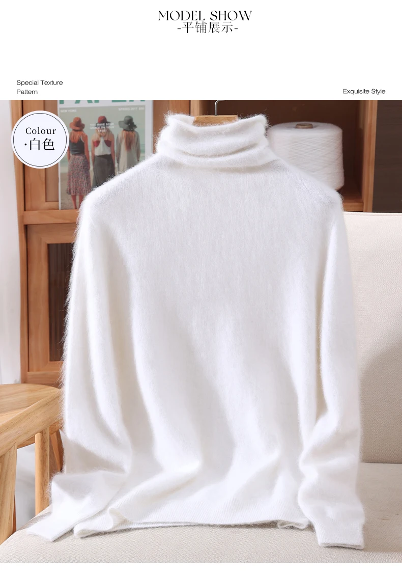 100% Pure Mink Fur Sweater Women's Pullover High Neck Knitted Sweater Autumn Winter New Item Pile Collar Thick Soft Base Sweater
