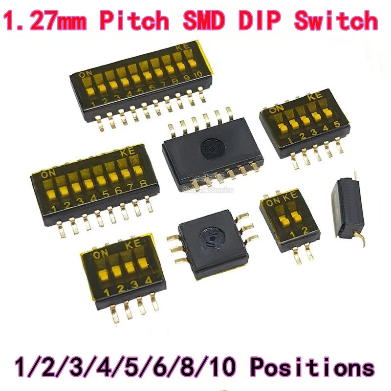 10PCS SMD DIP Switch, 1.27mm Pitch, 1/2/3/4/5/6/8/10 Positions, Model: DSHP02TSGER