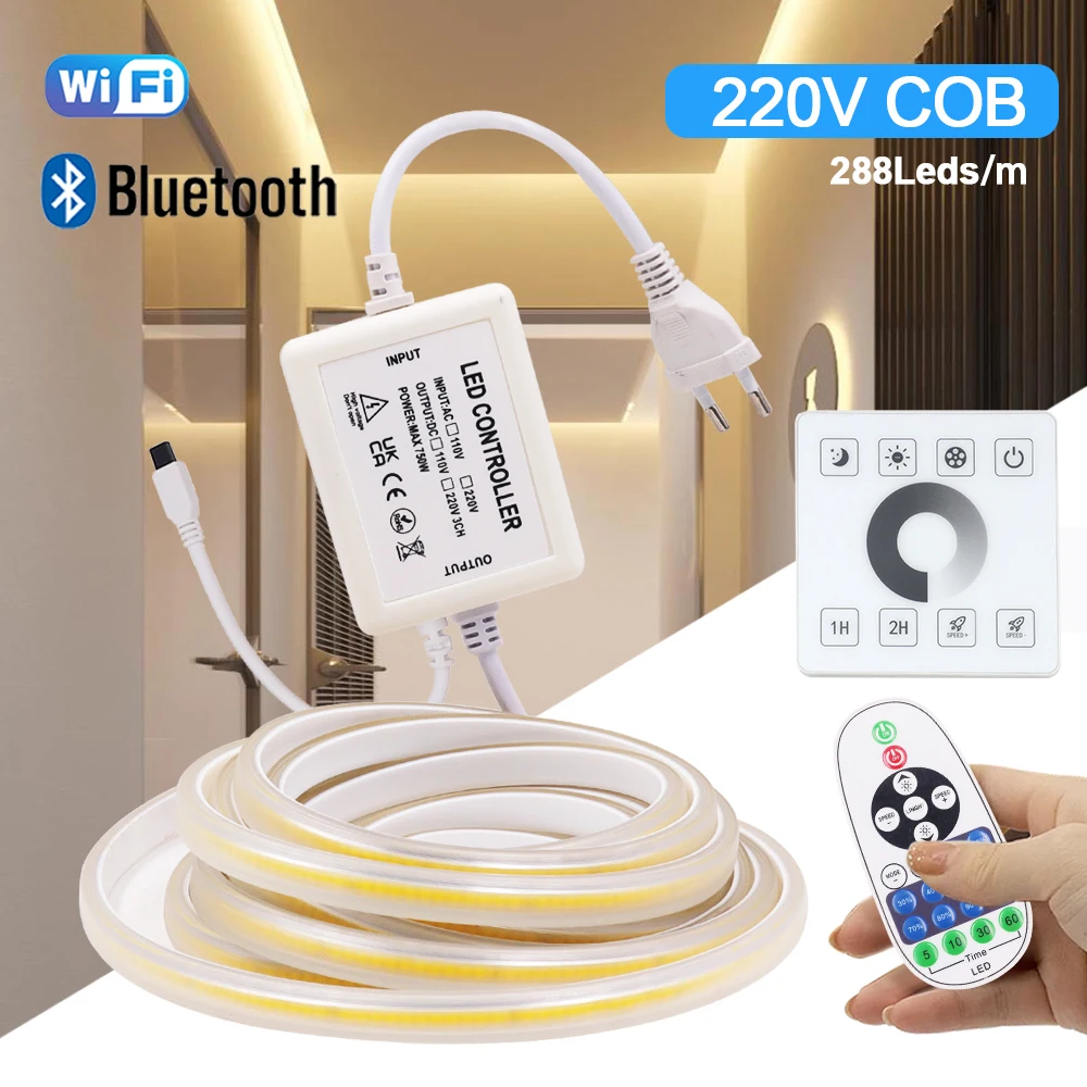 220V Tuya Wifi COB LED Strip Light Bluetooth Wall Touch Dimmable 23key Remote 750W Controller Kit 288Leds/m Waterproof Flex Lamp