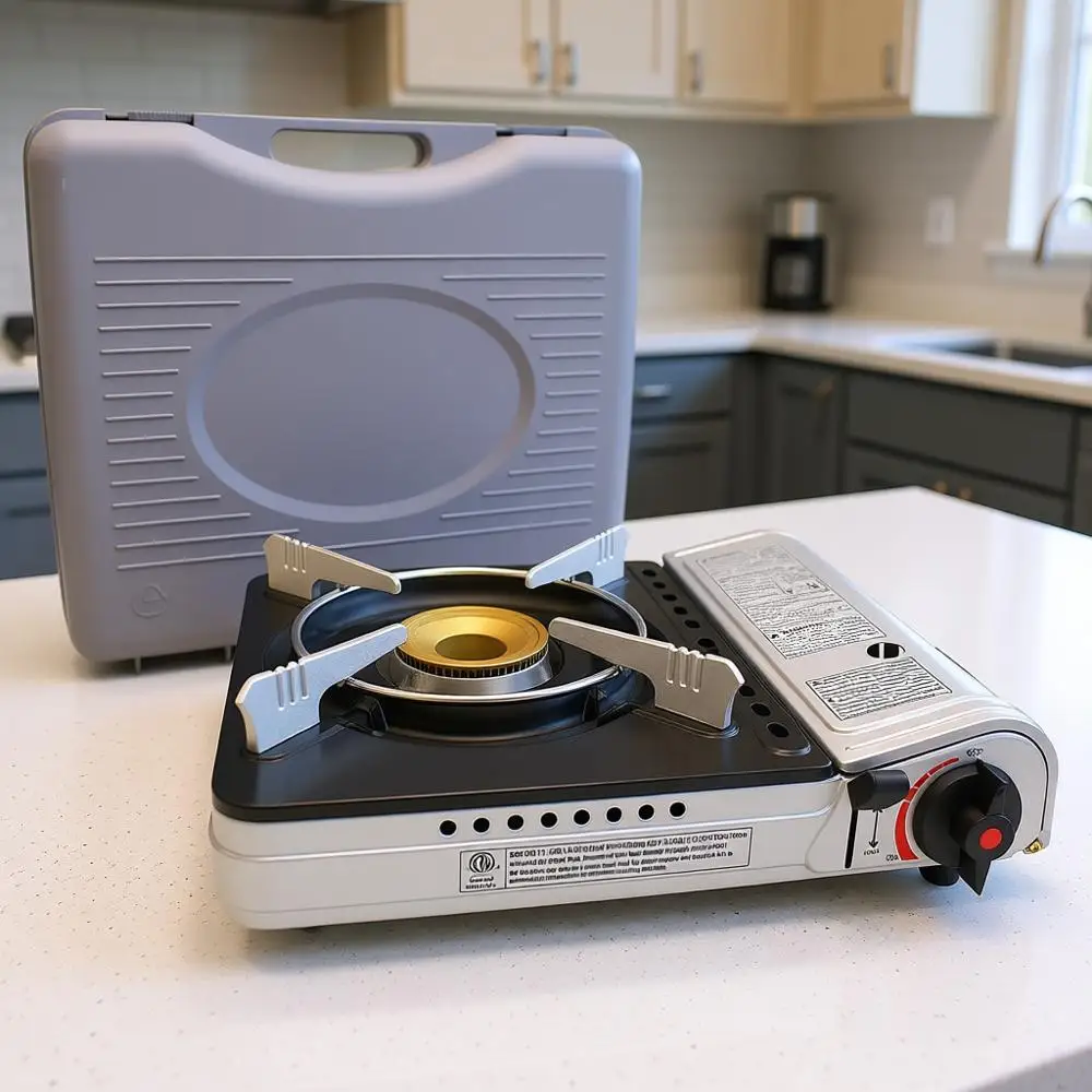 

Портативная бутановая плита - компактная газовая горелка для приготовления пищи на открытом воздухе с чехлом для переноски, защитой от ветра и электрическим зажиганием