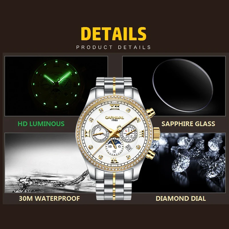 CARNIVAL Luxury Diamond Watch 2024 New Fashion Men Mechanical Watch Watches Stainless Steel Strap Luminous Waterproof Reloj 8734