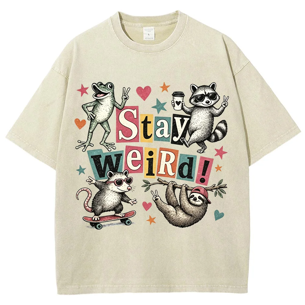 Men T Shirt Stay Weird Frog Raccoon Possum Sloth Print   Short Sleeve Crewneck Casual Loose Cotton Graphic Tees