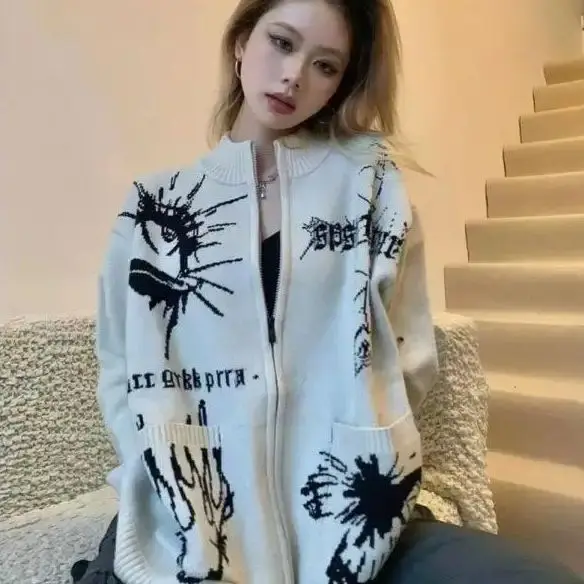 Knitted Sweater Cardigan American Retro Zipper Women Harajuku Style Creative Pattern Japanese Style 2024 Autumn New Jacket